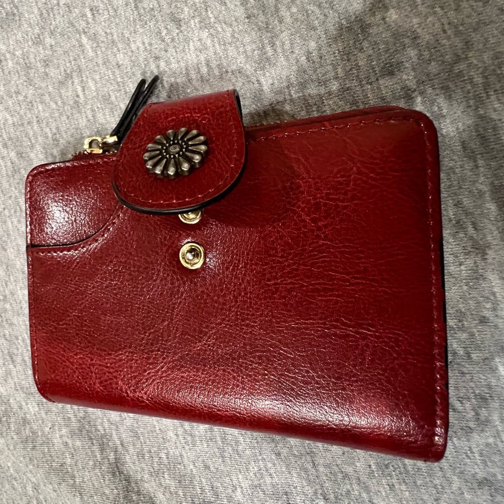 Red Leather Wallet with Snap Closure
